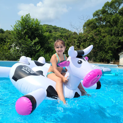 Swimline 90268 Swimming Pool Kids Rideable Cow Inflatable Toy w/ Electric Pump - VMInnovations