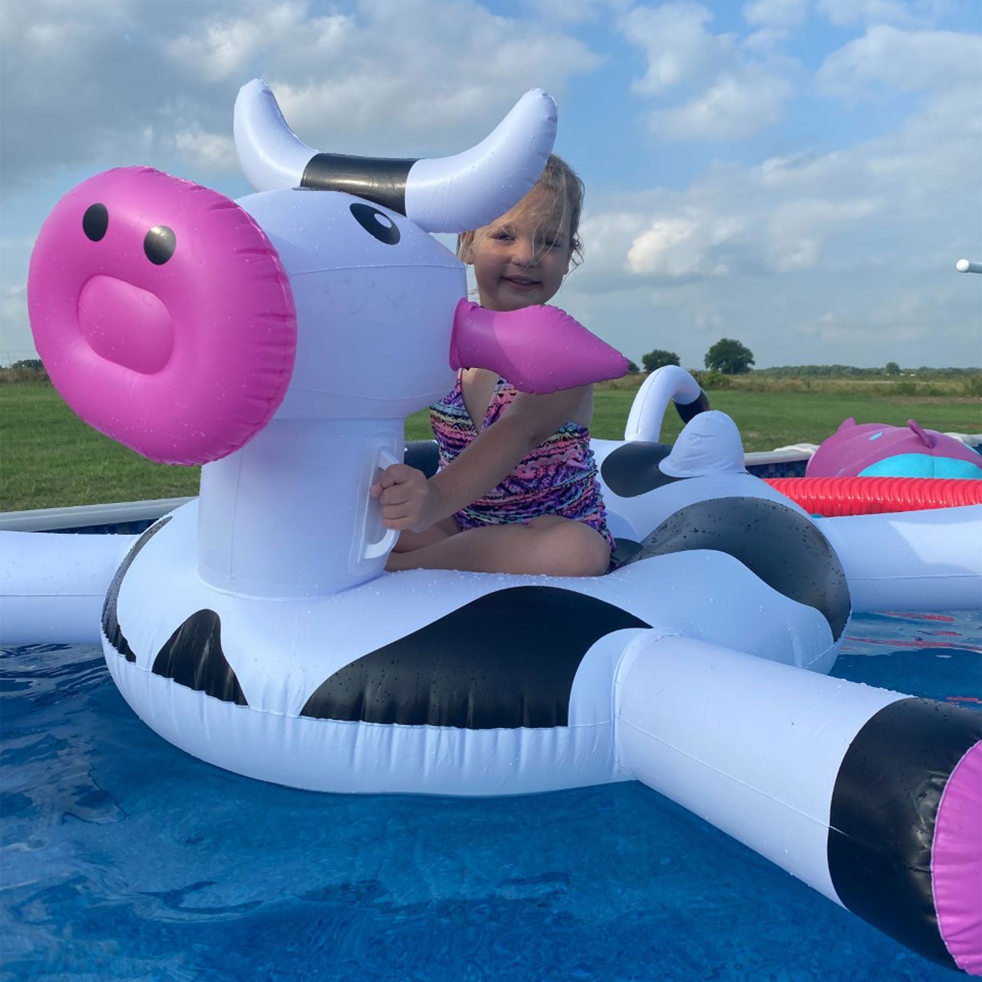 Swimline 90268 Swimming Pool Kids Rideable Inflatable Cow Toy w/ Electric Pump