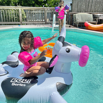 Swimline 90268 Swimming Pool Kids Rideable Cow Inflatable Toy w/ Electric Pump - VMInnovations