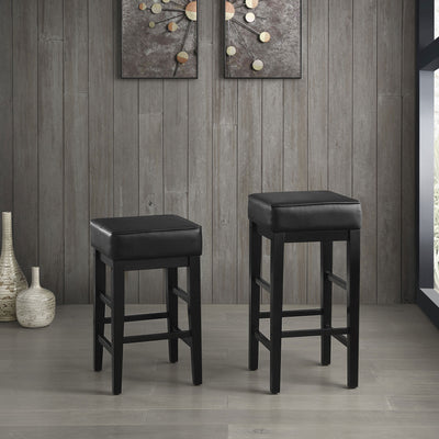 Lexicon 24 Inch Height Wooden Stool Faux Leather Seat Barstool, Black (Open Box)