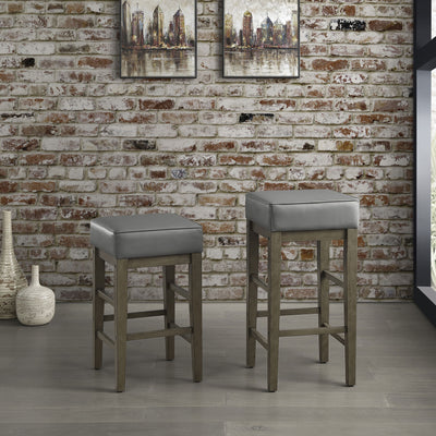 Lexicon 24 Inch Height Wooden Stool Faux Leather Seat Barstool, Gray (Open Box) - VMInnovations