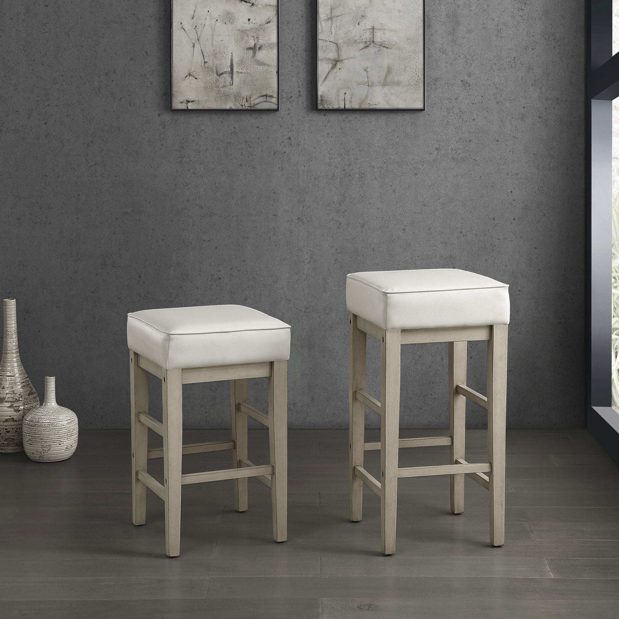Lexicon 24" Height Wooden Counter Faux Leather Seat Barstool Set, White (4 Pack) - VMInnovations