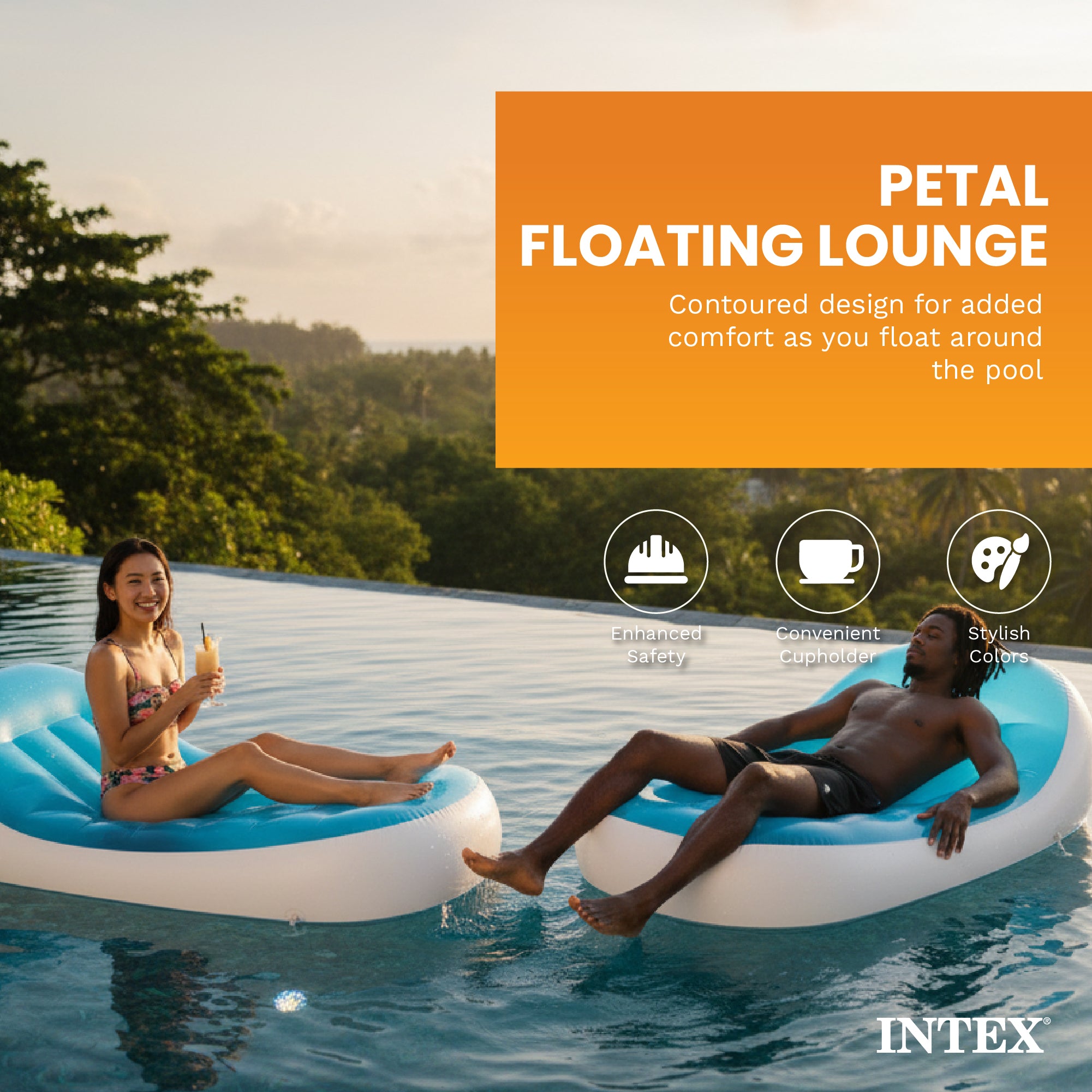 Intex Petal Floating Lounge Chair Pool Float Lounger w/ Cupholder, Blue & White - VMInnovations
