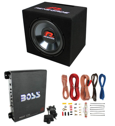 Renegade RXV1200 12" 600W Single Car Subwoofer + Box + 1100W Mono Amp + Amp Kit