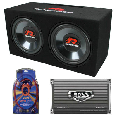 Renegade RXV1202 12" 1200W Dual Car Subwoofers + Box + 1500W Mono Amp + Amp Kit