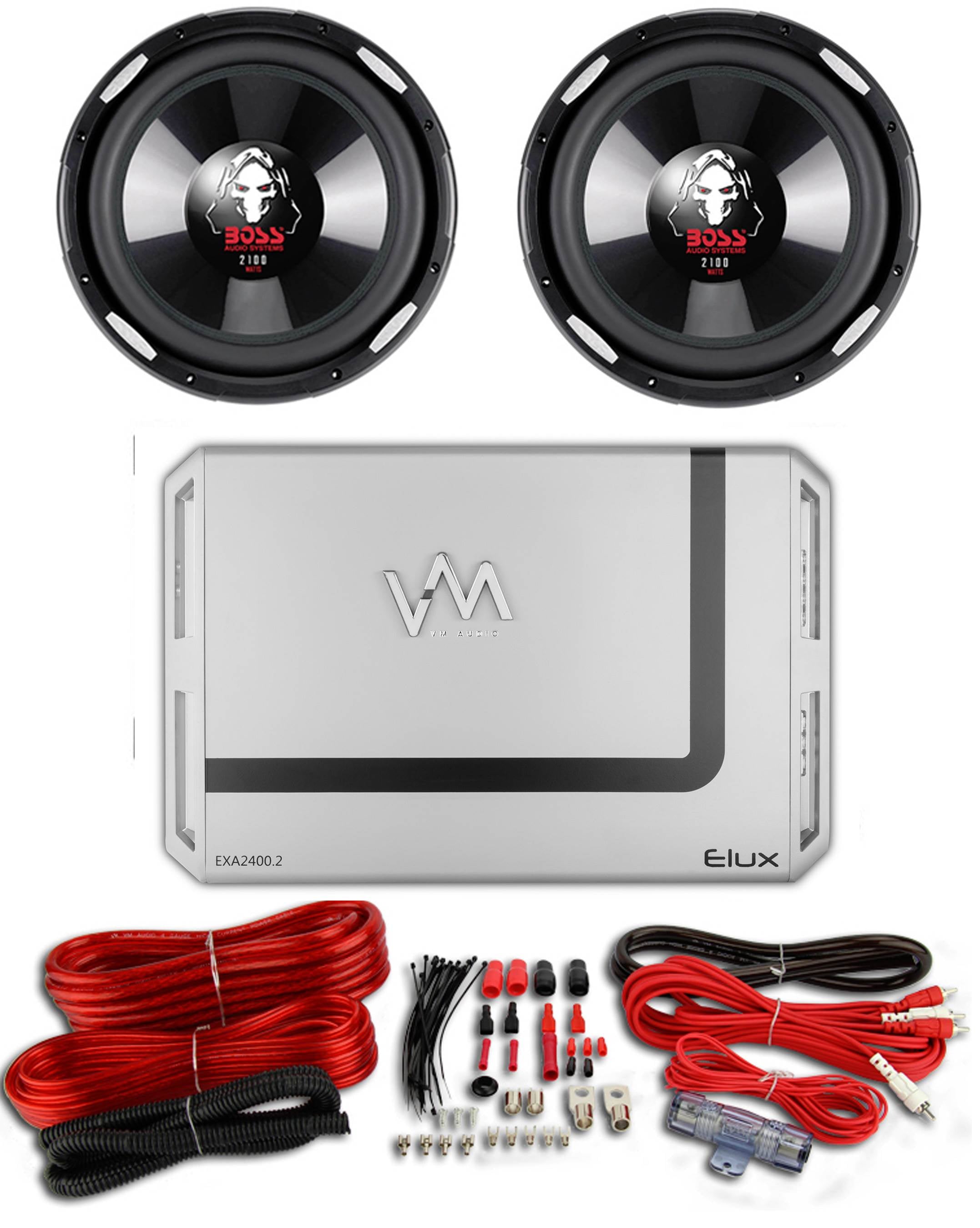2 BOSS P126DVC 12" 2300W Car Subwoofers Subs + 2400W 2-Ch Amp + 8 Gauge Amp Kit