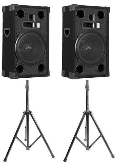 2) VM Audio VAS312P 1800 Watt 3 Way 12" DJ Passive Loud Speakers + Tripod Stands