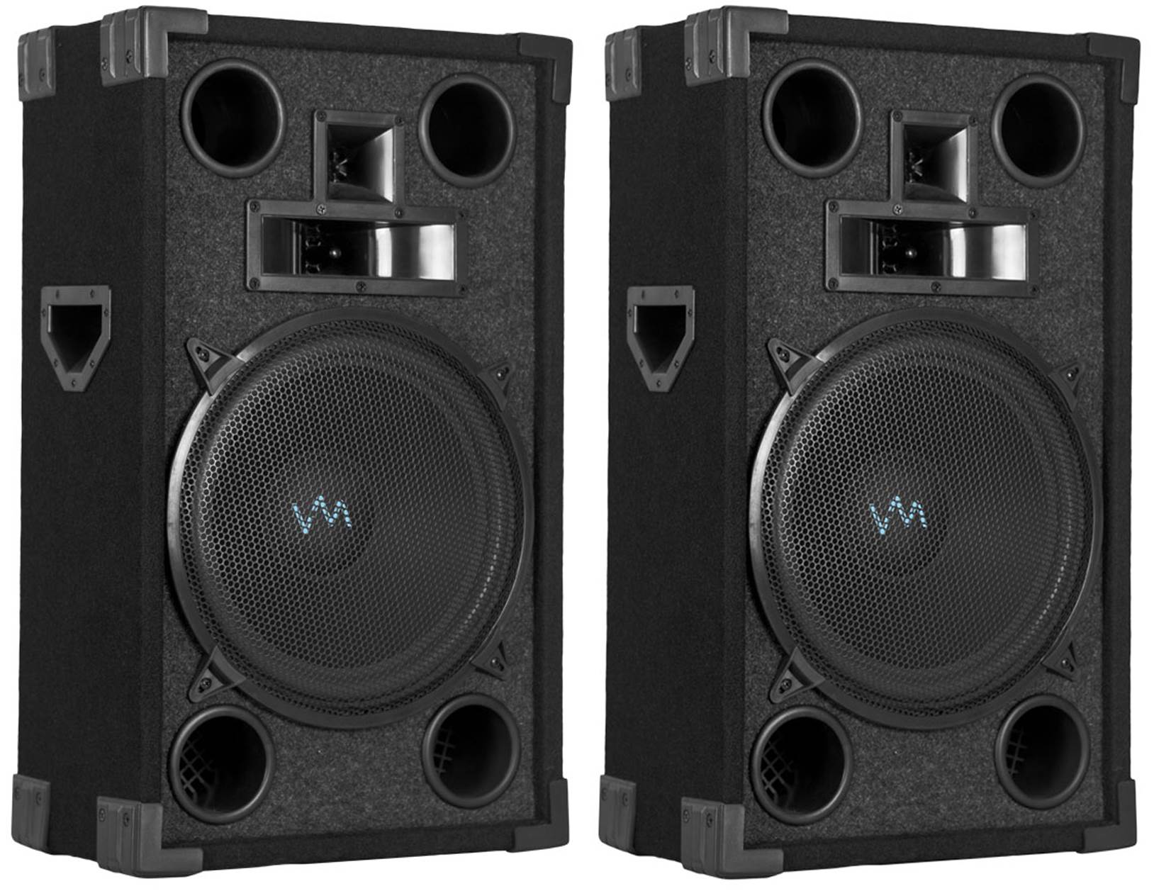 2) VM Audio VAS312P 1800 Watt 3 Way 12" DJ Passive Loud Speakers + Tripod Stands