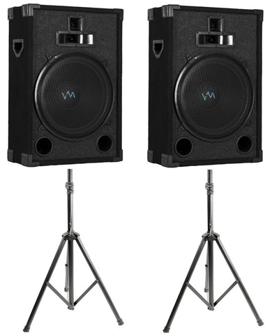 2) VM Audio VAS315P 1200 Watt 3 Way 15" DJ Passive Loud Speaker + Tripod Stands
