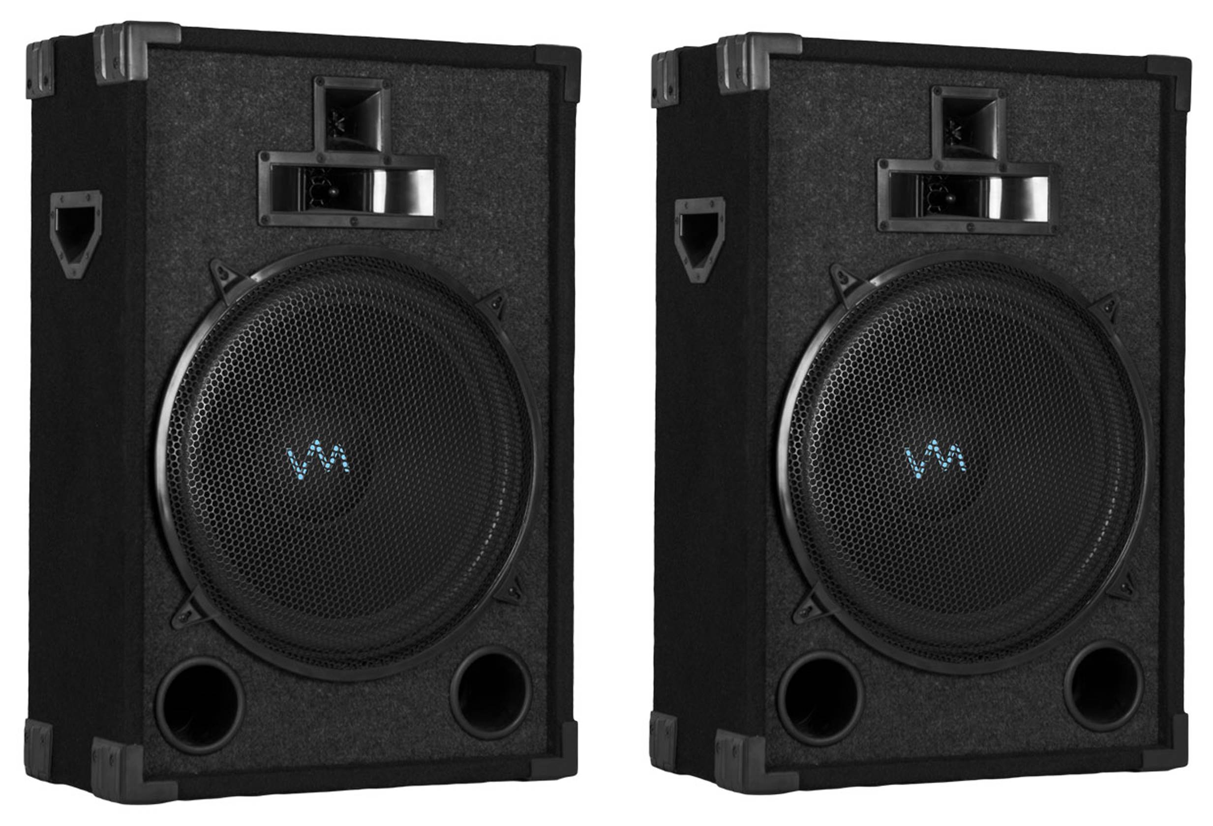 2) VM Audio VAS315P 1200 Watt 3 Way 15" DJ Passive Loud Speaker + Tripod Stands