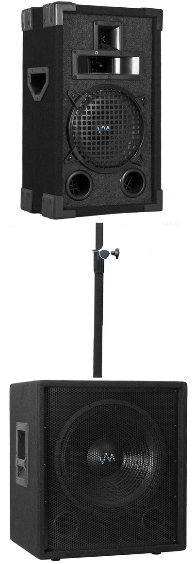VM Audio VAS38P 8" 400W 3 Way DJ Passive Speaker + 12" DJ Subwoofer + Pole