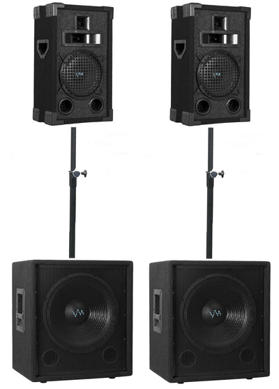 2) VM Audio VAS15SUB 15" 1500W Subs + 2) VAS310P 10" DJ Speakers + 2) Poles