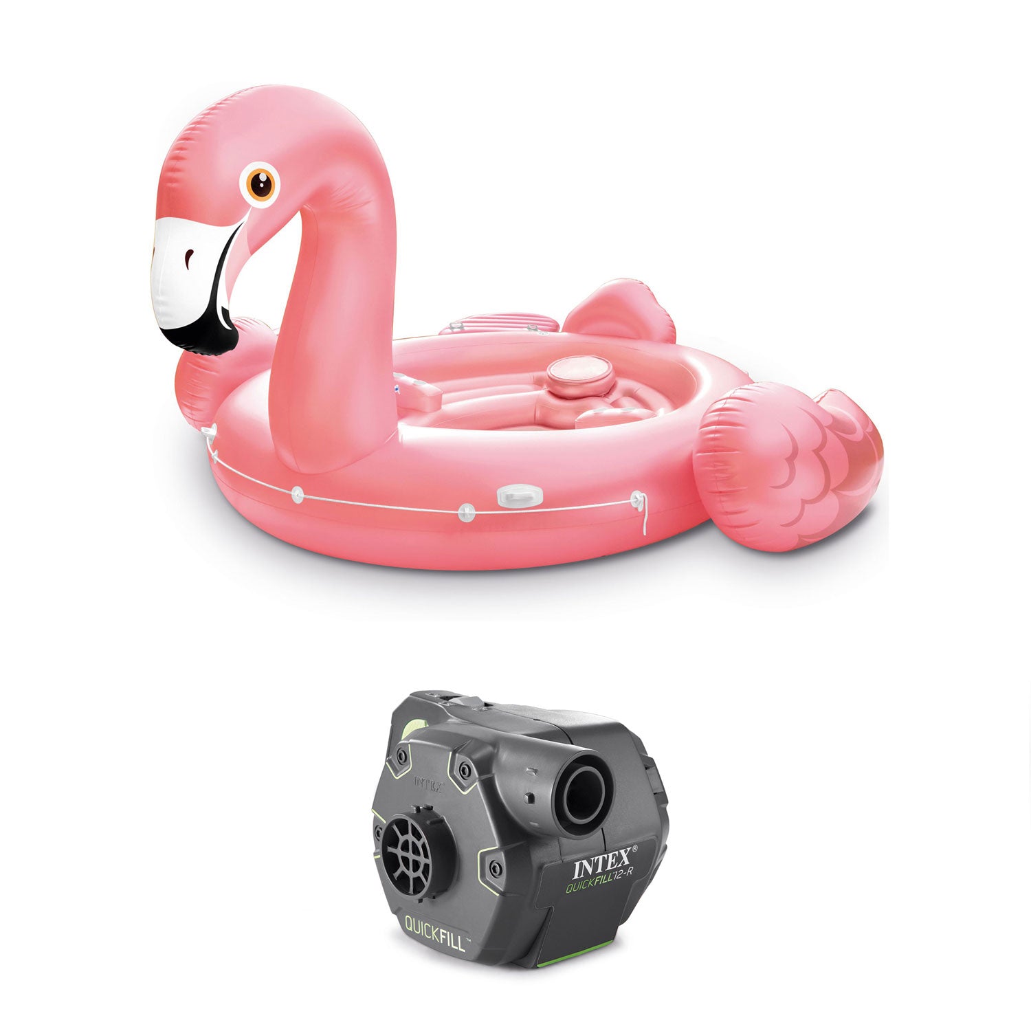 Intex Flamingo Party Ride On Pool Float + 120 Volt Cordless Inflatable Air Pump
