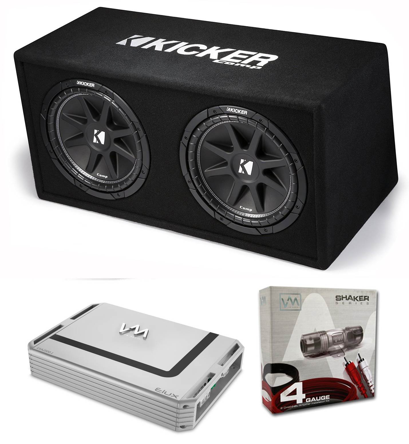 Kicker DC122 Dual 12" 600 Watt Car Subwoofers + Enclosure + 2000W Amp + Amp Kit