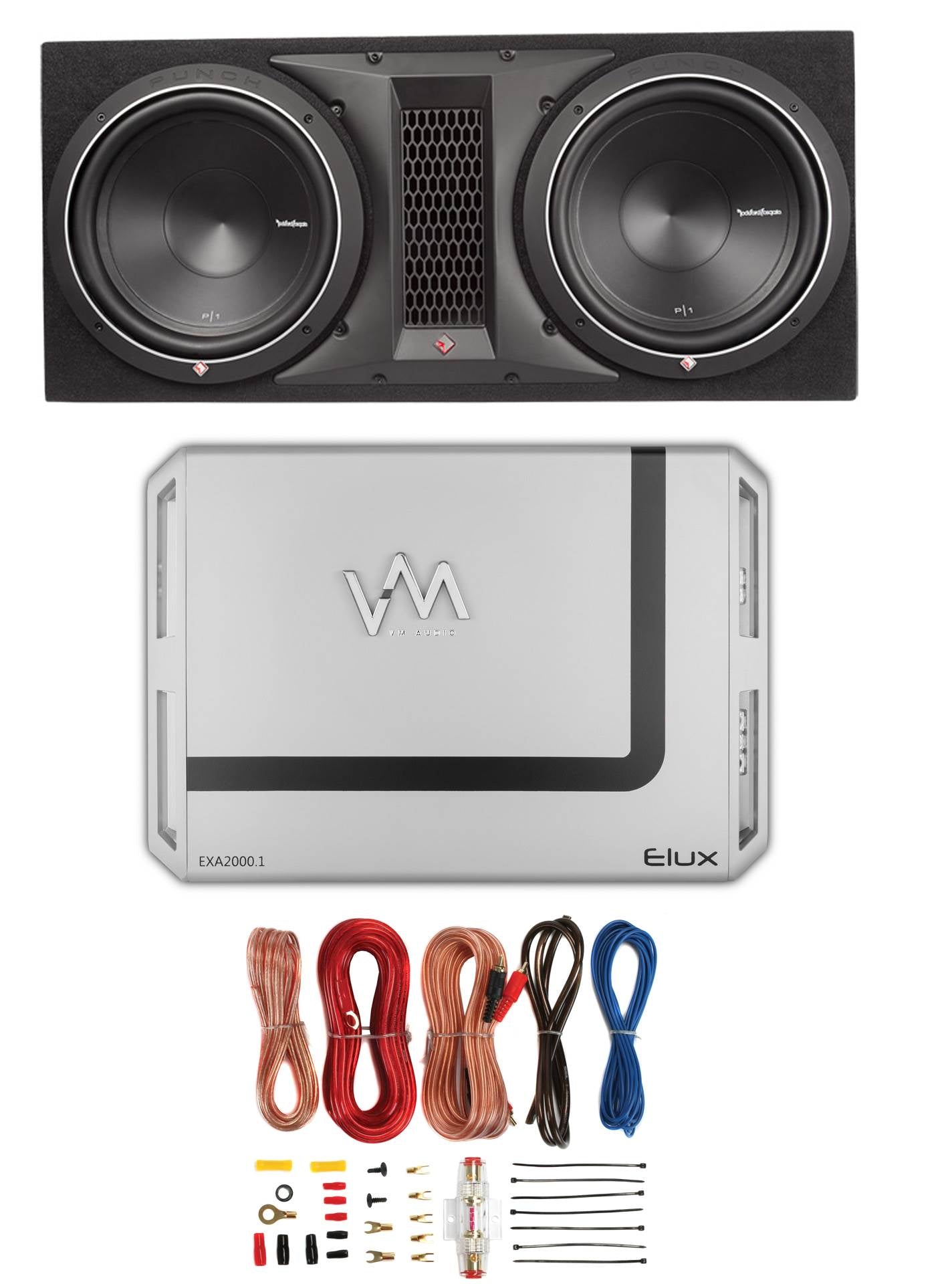 Rockford Fosgate P1-2X12 12" 1000W Dual Subwoofer + Box + 2000W Amp + Amp Kit