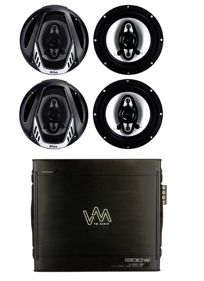 4) NEW BOSS NX654 6.5" 800W 4-Way Car Audio Coaxial Speakers + 4 Channel Amp