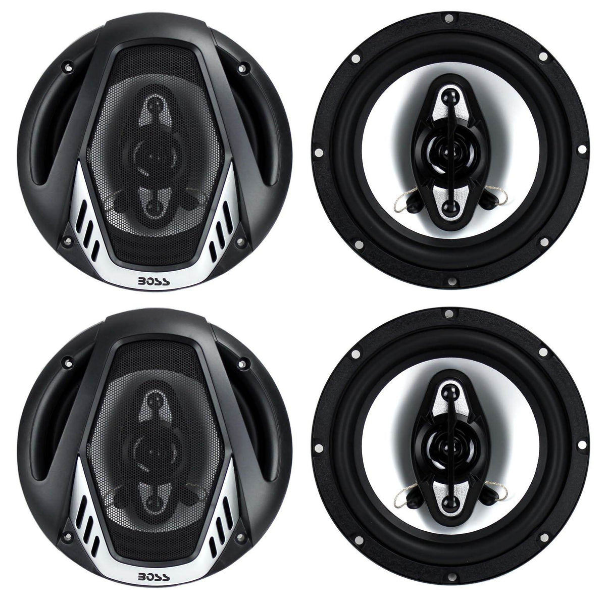 4) NEW BOSS NX654 6.5" 800W 4-Way Car Audio Coaxial Speakers + 4 Channel Amp