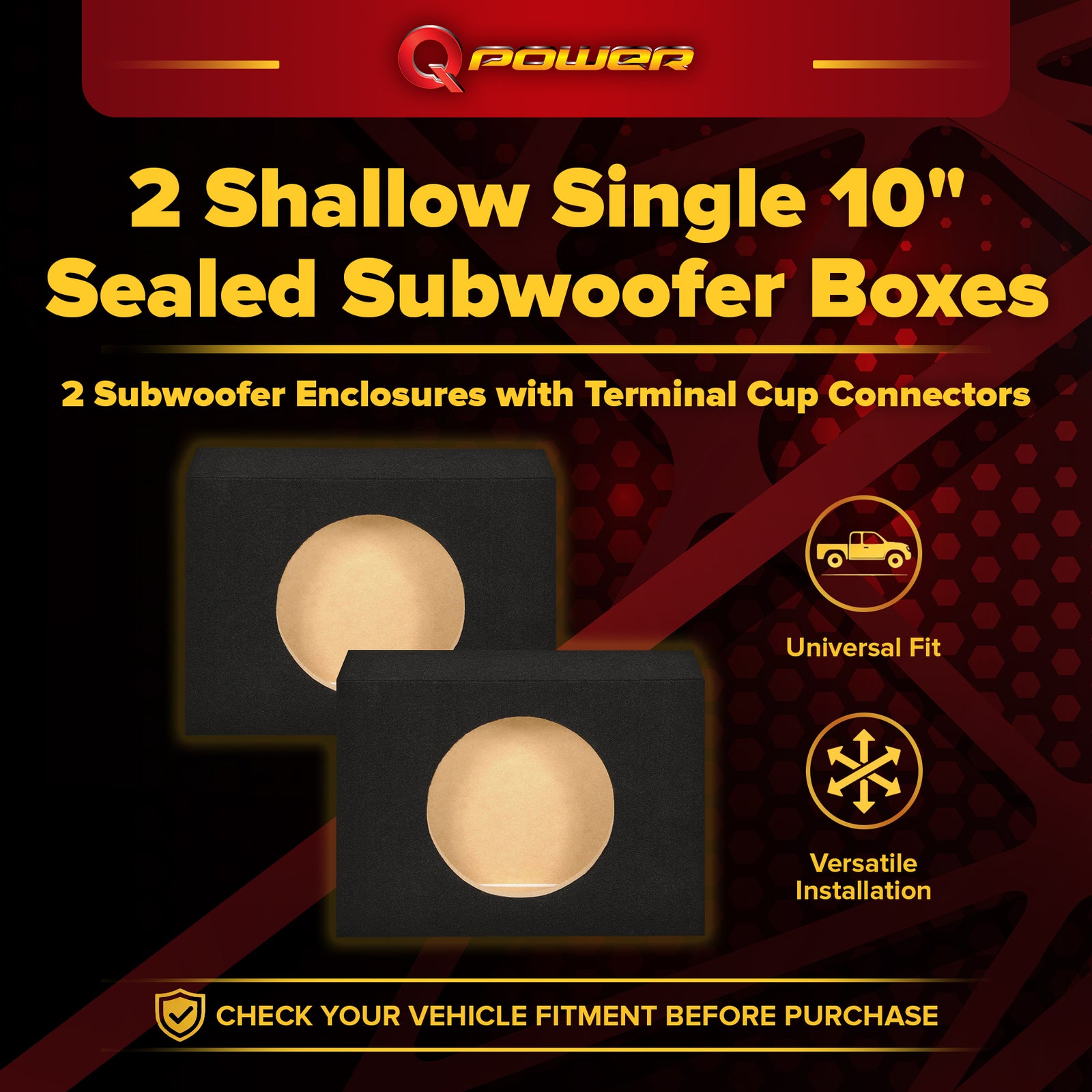 2 Q-Power Shallow Single 10" Sealed Truck Subwoofer Enclosure 5/8" MDF Sub Boxes - VMInnovations