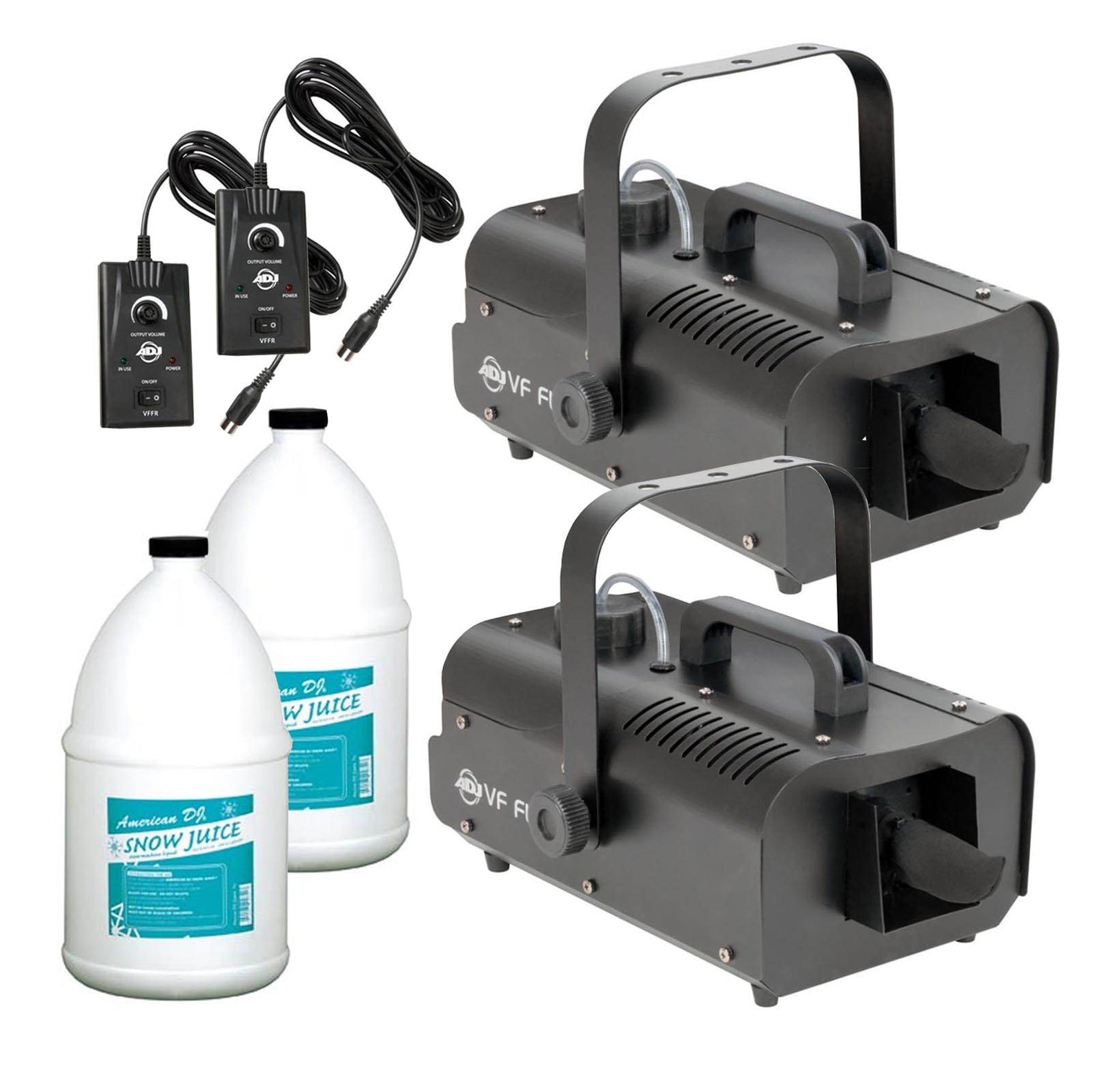 (2) American DJ VF Flurry High Output Snow Machines w/ Remotes & (2) Snow Fluids - VMInnovations
