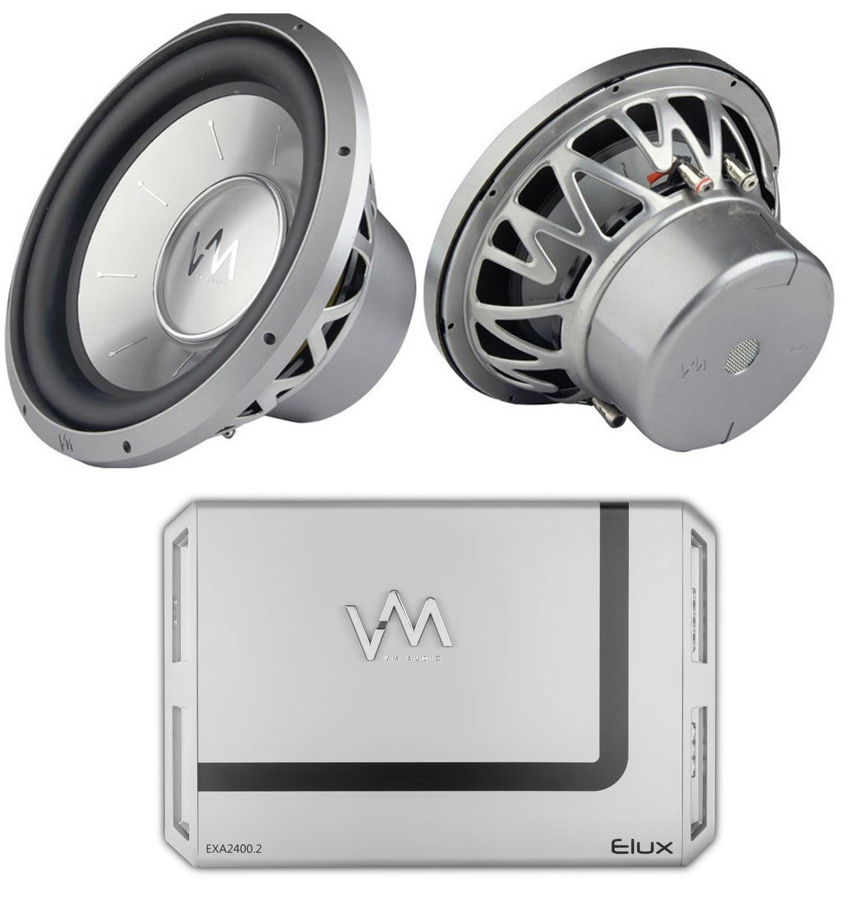 2) VM Audio EXW10 Elux 10" Car DVC Subwoofers + 2400 Watt 2-Channel Amplifier
