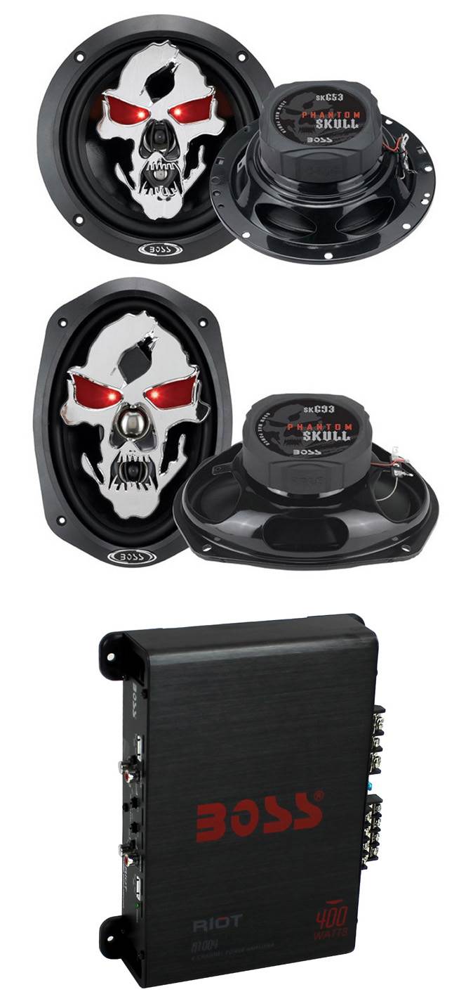 2) Boss SK653 6.5" 350W + 2) SK693 6x9" 600W 3-Way Car Speakers + R1004 400W Amp