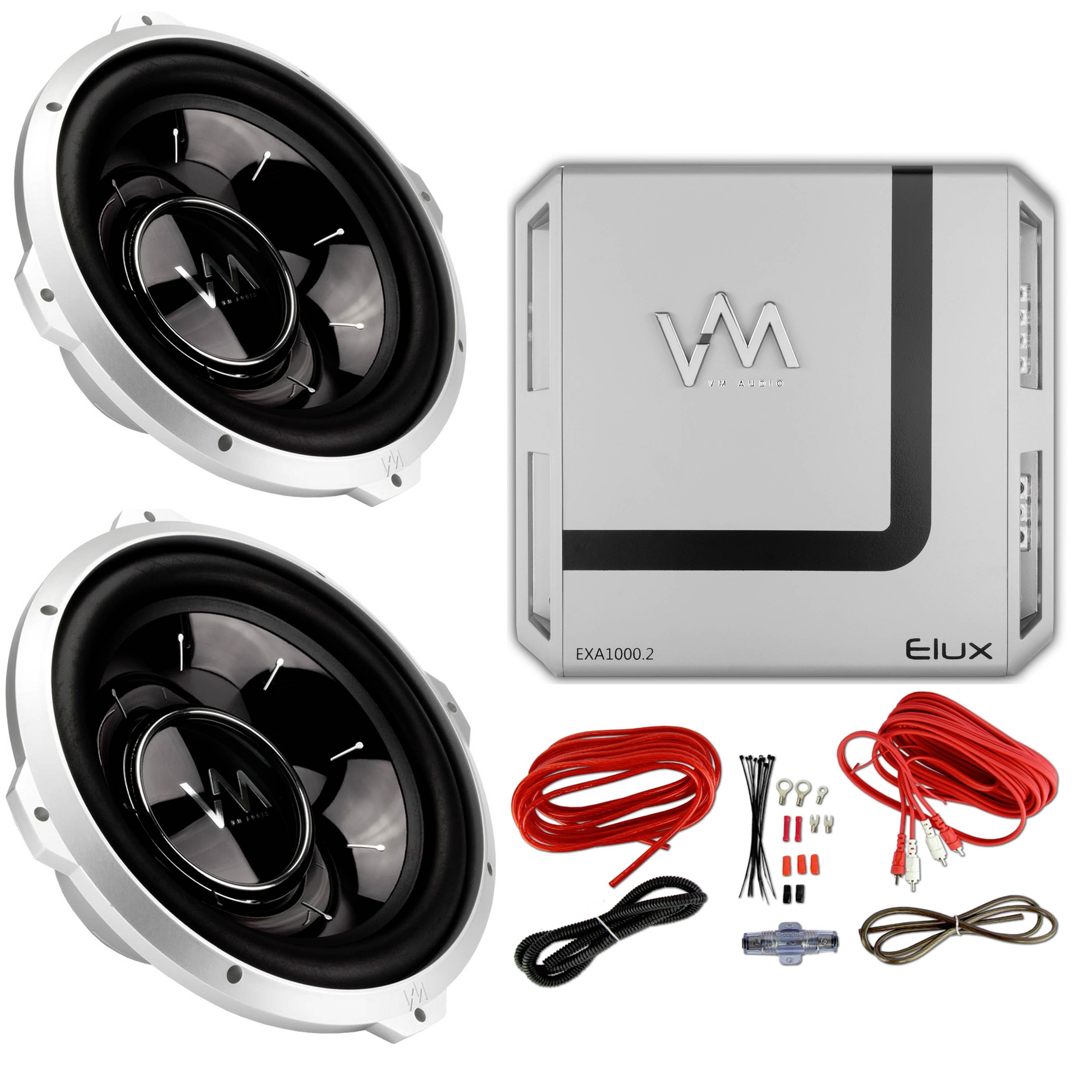2 VM Audio SRW12 12" 2000W Subs DVC 4 Ohm + 2 Channel Amplier + Wiring Kit