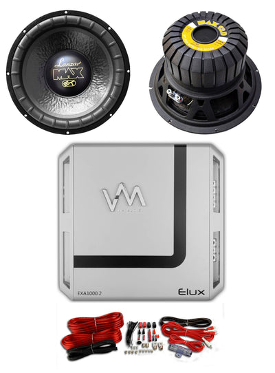 2) LANZAR MAX12D 12" 2000W Car Audio Subwoofers + 2 Channel Amplifier + Wiring