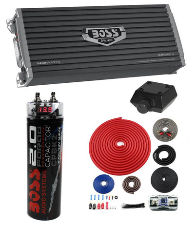 Boss AR2400.4 2400W 4-Ch Car Amp + Remote+ 2.0 Farad Capacitor + 4 Gauge Amp Kit