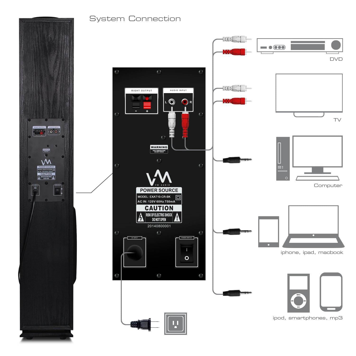 VM Audio EXAT10 Cherry/Black Powered Bluetooth Tower Speakers Pair (Open Box)