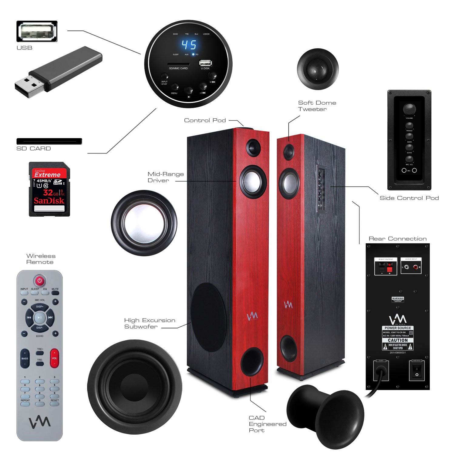 VM Audio EXAT10 Cherry/Black Powered Bluetooth Tower Speakers Pair (Open Box)