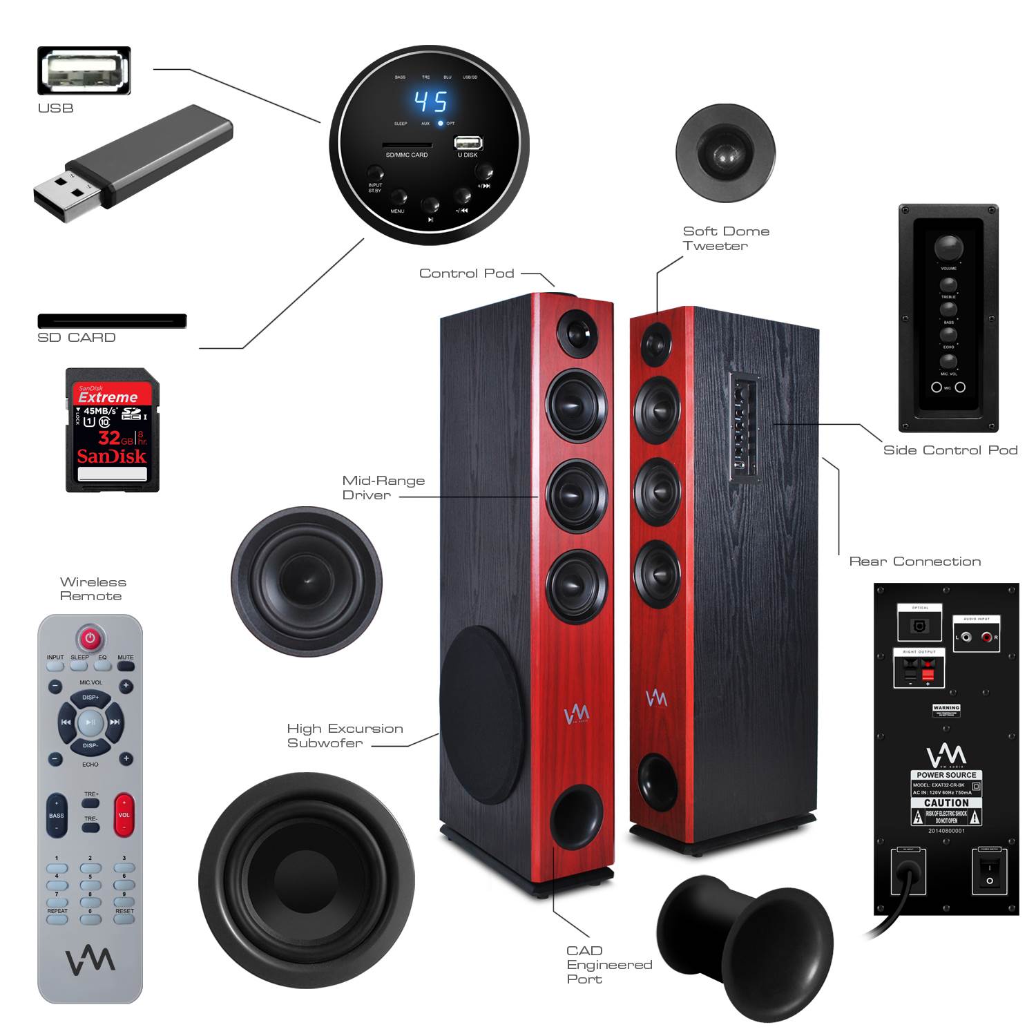 VM Audio EXAT31 Floorstanding Powered Bluetooth Tower Speakers Pair (Open Box)