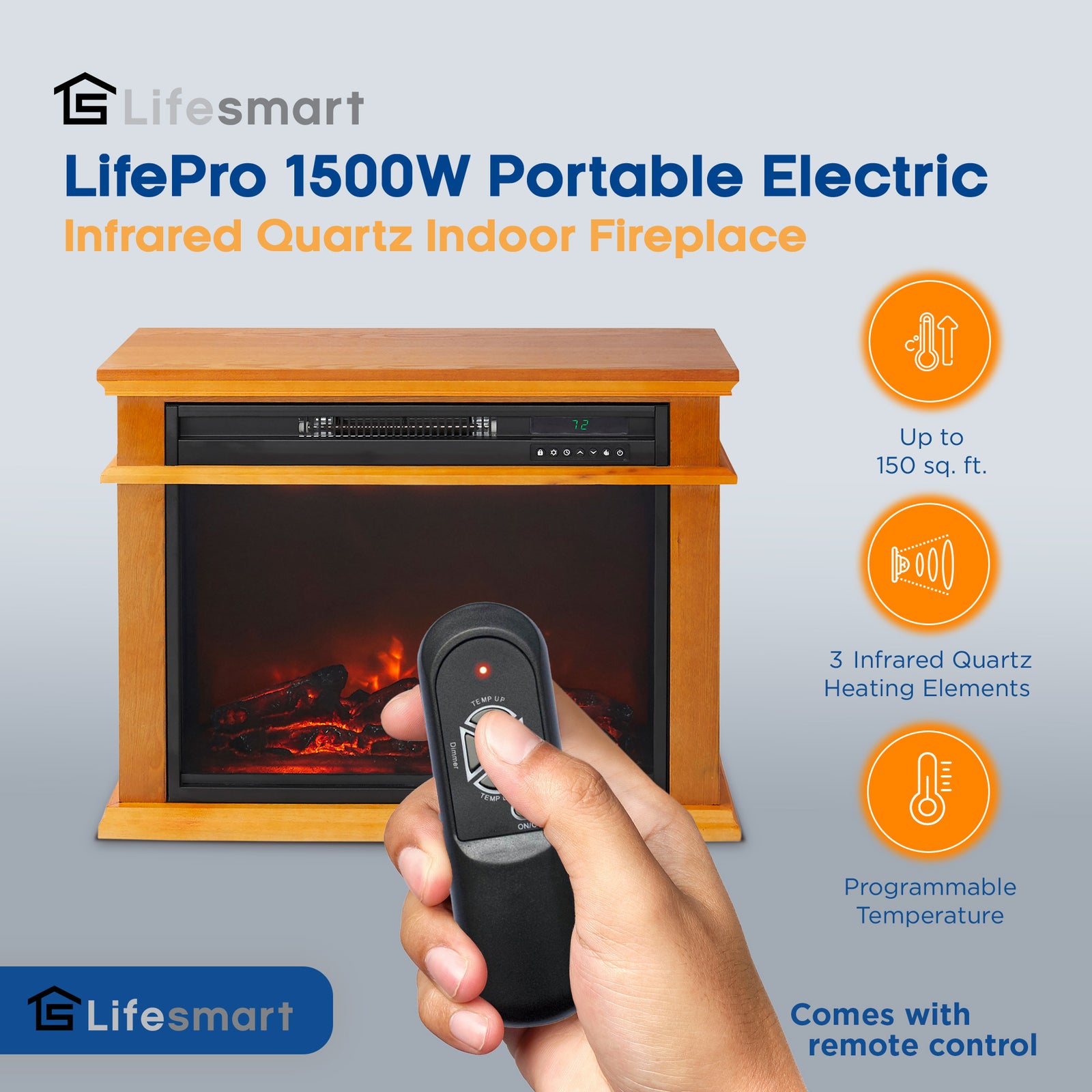 LifeSmart LifePro 1500W Portable Electric Infrared Quartz Indoor Fireplace, Oak - VMInnovations