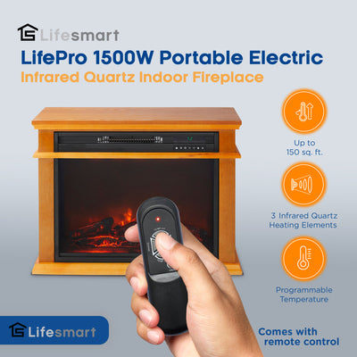 LifeSmart LifePro 1500W Portable Electric Infrared Quartz Indoor Fireplace, Oak