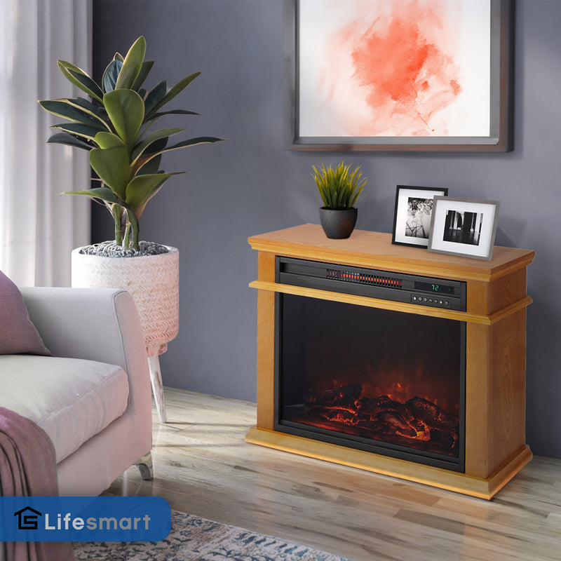 LifeSmart LifePro 1500W Portable Electric Infrared Quartz Indoor Fireplace, Oak