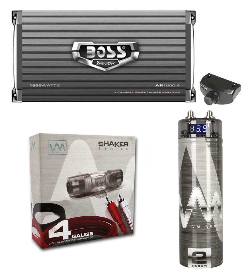 Boss AR16004 1600W 4-Ch Car Amplifier + Remote + 2.0 Farad Cap + 4 Ga Amp Kit