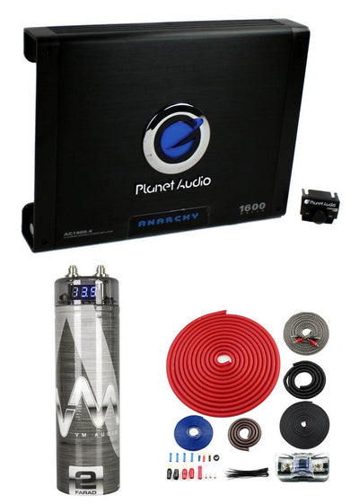 Planet Audio AC1600.4 1600W 4-Ch Car Amplifier + 2.0 Farad Cap + 4 Ga Amp Kit