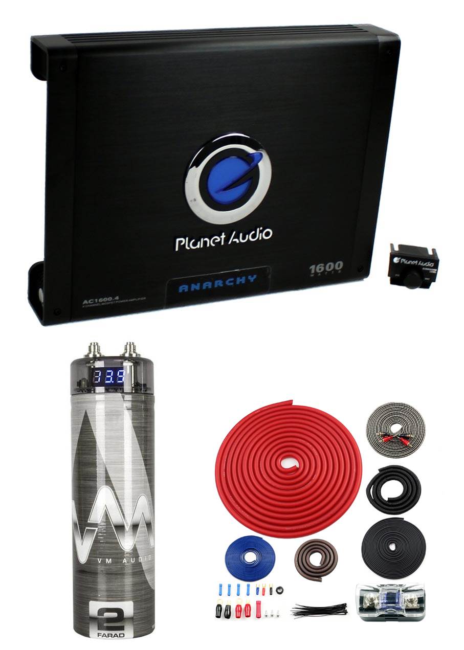 Planet Audio AC1600.4 1600W 4-Ch Car Amplifier + 2.0 Farad Cap + 4 Ga Amp Kit
