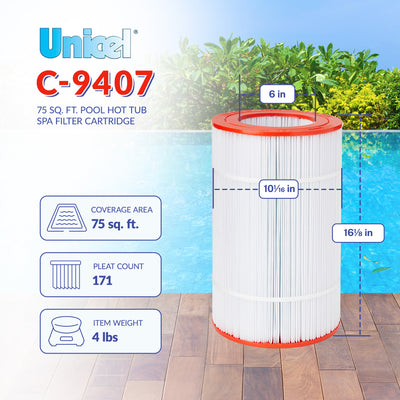 Unicel C-9407 Replacement 75 Sq Ft Pool Spa Filter Cartridge, 171 Pleats, 4 Pack