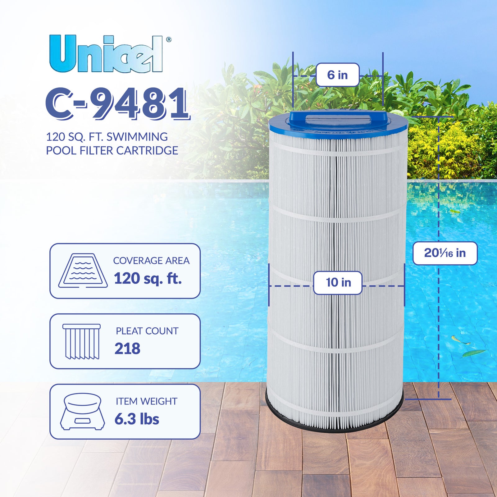 Unicel C-9481 Replacement 120 Sq Ft Swimming Pool Filter Cartridge, 218 Pleats - VMInnovations