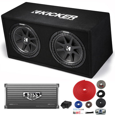 Kicker DC122 Dual 12" 600W Car Subwoofers + Box + 2000W MONO Amp + 4 Ga Amp Kit