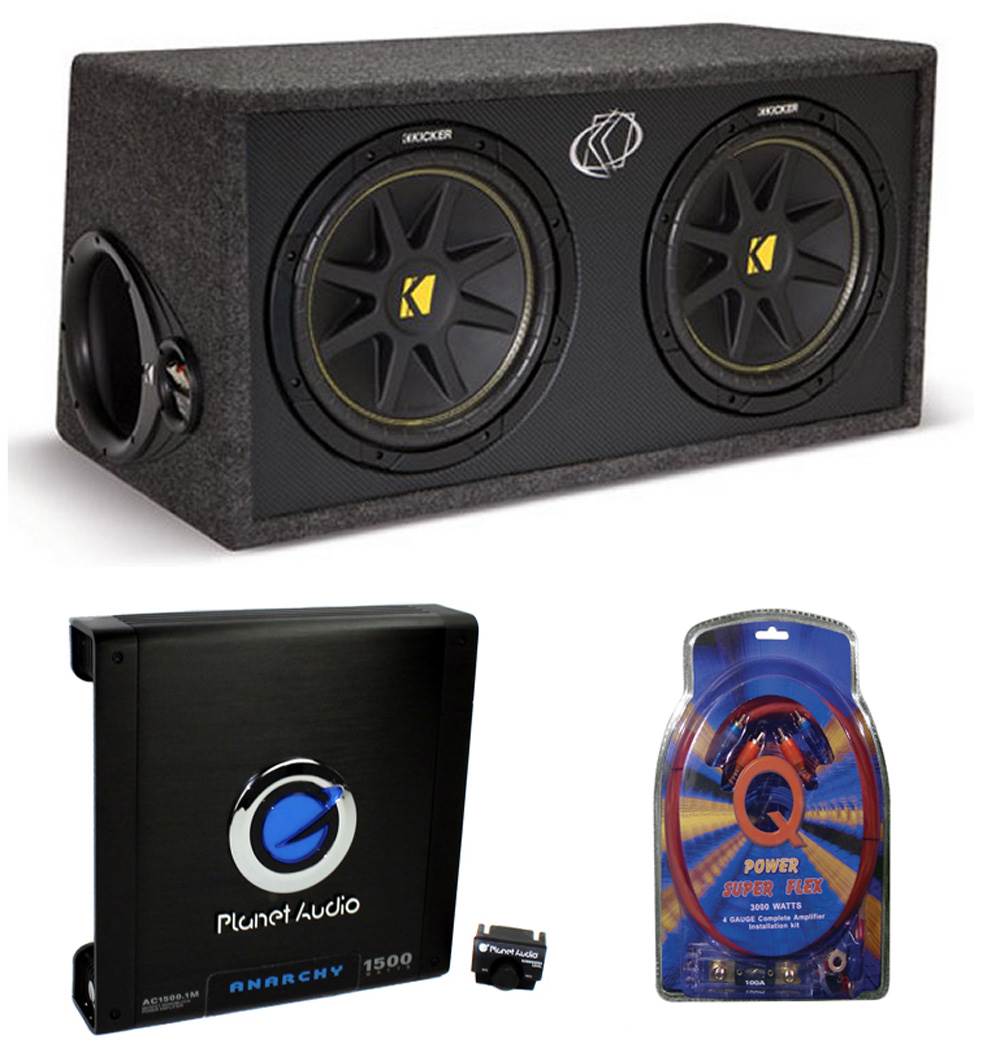 Kicker DC122 Dual 12" 600W Car Subwoofers + Box + 1500W Amplifier + 4 Ga Amp Kit