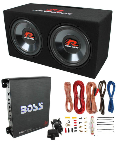 Renegade RXV1202 12" 1200W Dual Car Subwoofers + Box + 1100W Mono Amp + Amp Kit
