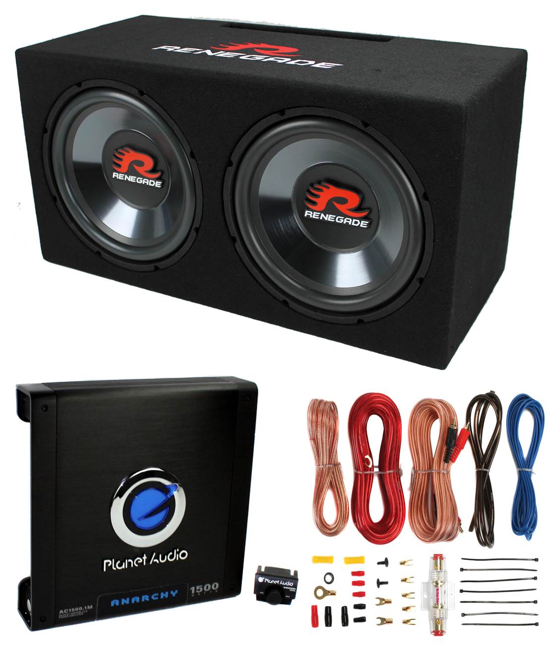 Renegade RXV1202 12" 1200W Dual Subwoofers + Box + AC15001M 1500W Amp + Amp Kit