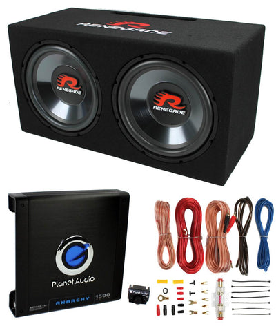 Renegade RXV1202 12" 1200W Dual Subwoofers + Box + AC15001M 1500W Amp + Amp Kit