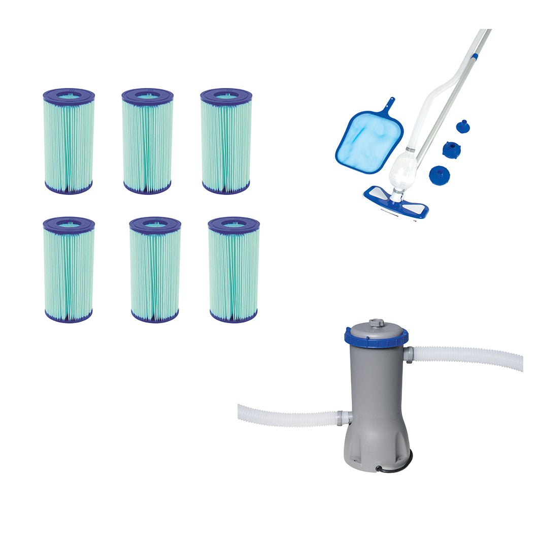 Bestway Pool Cleaning Kit w/ Filter Cartridge (6) w/ Above Ground Swimming Pump