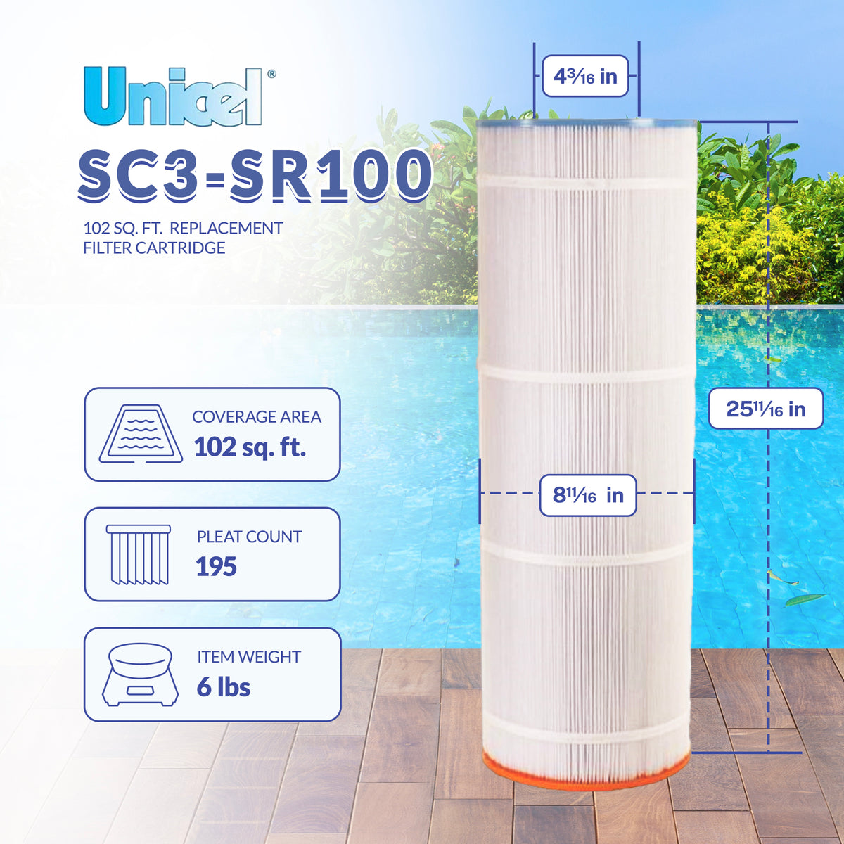 Unicel SC3-SR100 102 Square Foot 3 Oz Media Pool Filter Cartridge, 195 Pleats - VMInnovations