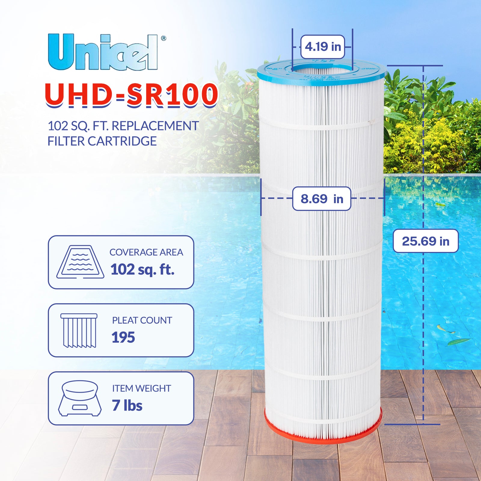 Unicel UHD-SR100 102 Square Foot 4 Oz Media Pool Filter Cartridge, 195 Pleats - VMInnovations