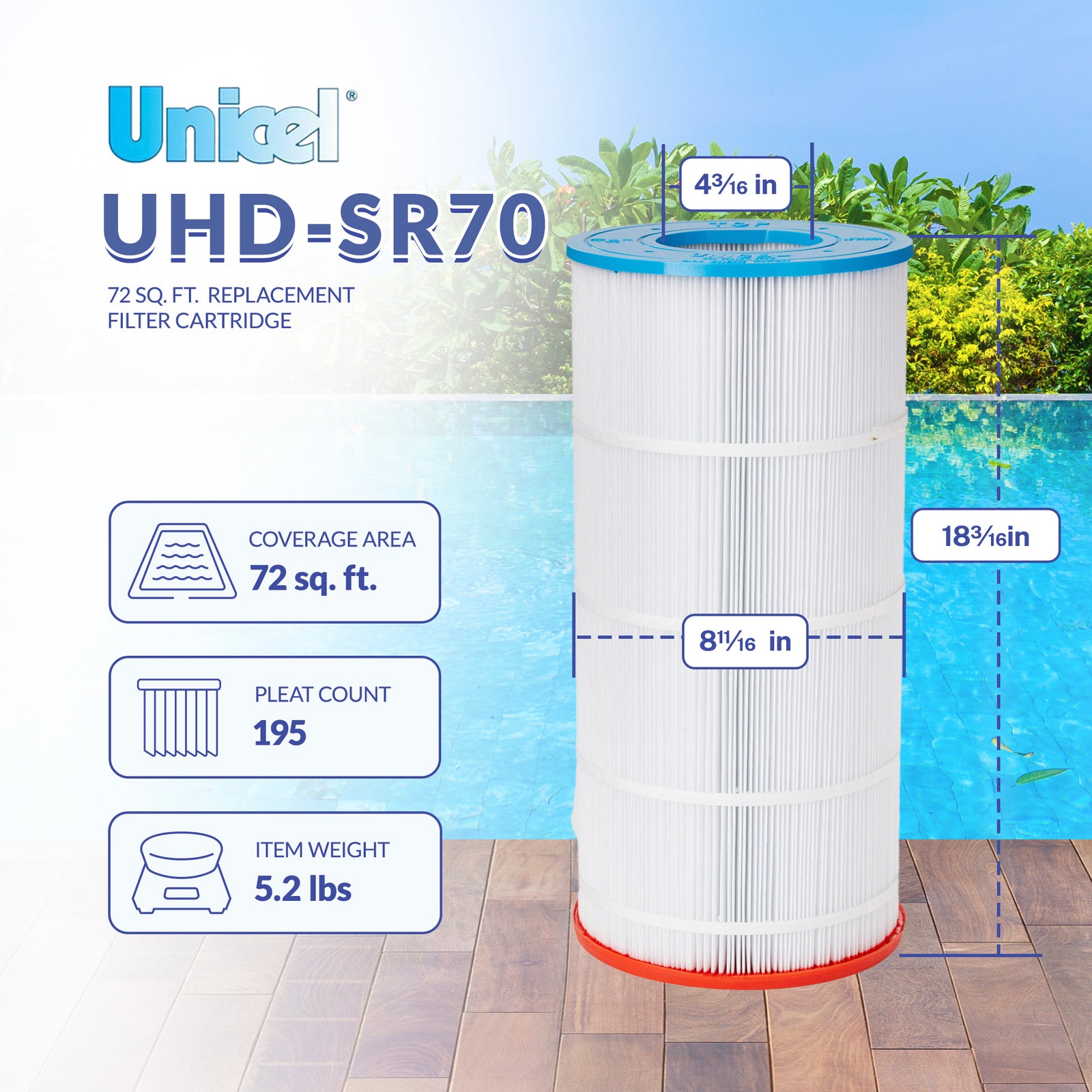 Unicel UHD-SR70 72 Square Foot 4 Oz Media Pool Filter Cartridge, 195 Pleats - VMInnovations