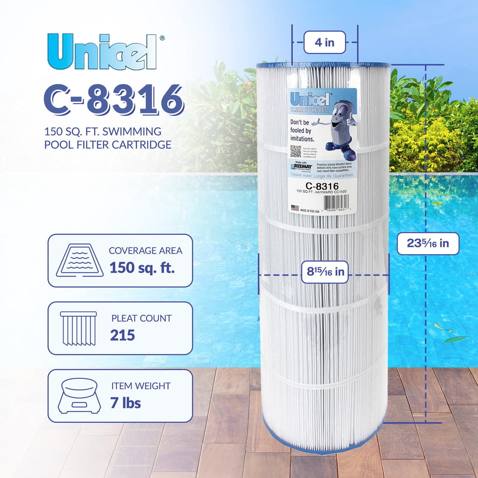 Unicel C-8316 Replacement 150 Sq Ft Swimming Pool Filter Cartridge, 215 Pleats - VMInnovations