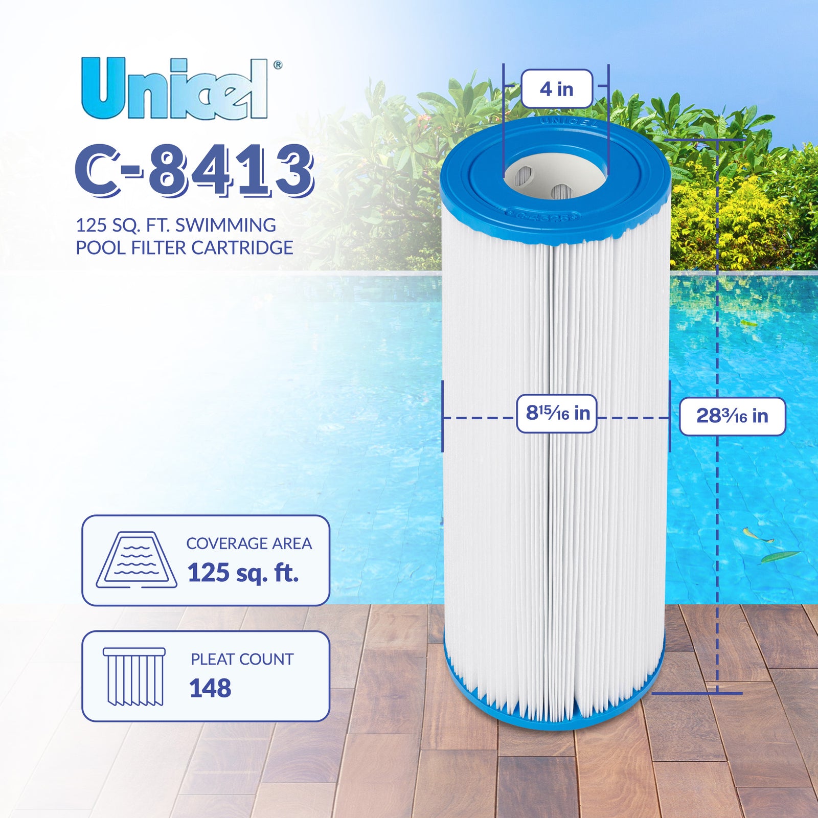 Unicel C-8413 Replacement 125 Sq Ft Swimming Pool Filter Cartridge, 148 Pleats - VMInnovations